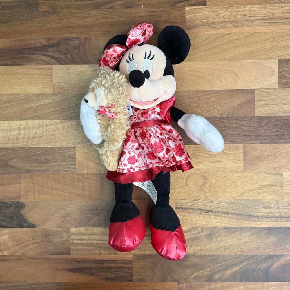 Disney Parks Minnie Mouse Valentine Plush Holding Duffy Bear Red Rose Dress